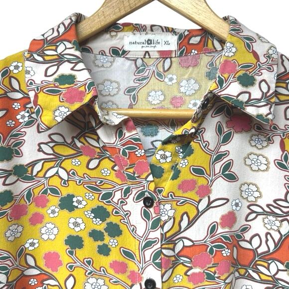 Natural Life Tunic Shirt Short Dress Size XL Button Up Yellow Pink Floral Boho - Picture 4 of 5